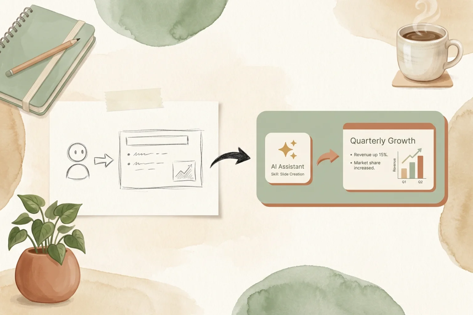 A clean editorial illustration of a fanned stack of presentation slides on a near-white desk, the top slide held in a green selection frame with corner handles, beside a soft matte 3D cursor and pen, with a dot grid and golden spiral