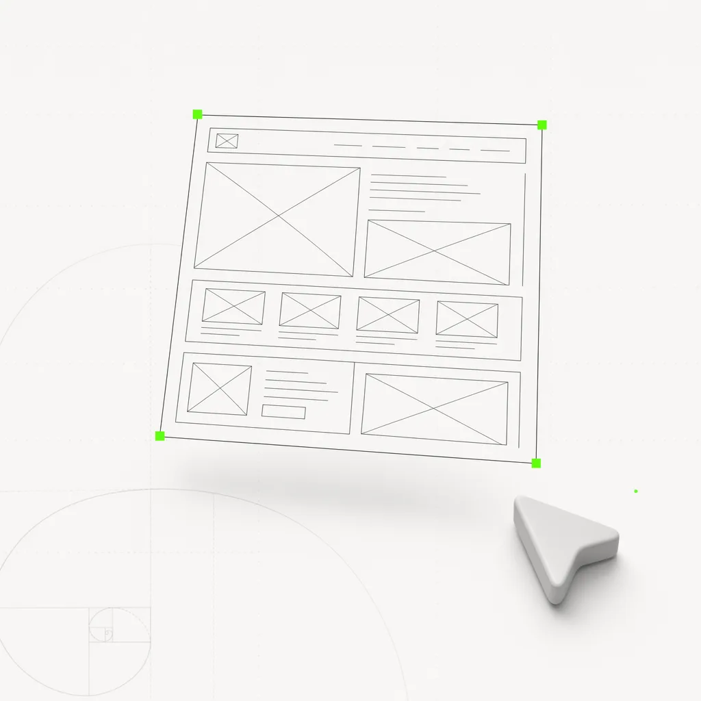 Un esqueleto de layout en wireframe que se levanta como su propia capa seleccionable sobre un lienzo en blanco, en un marco verde sobre un fondo editorial casi blanco